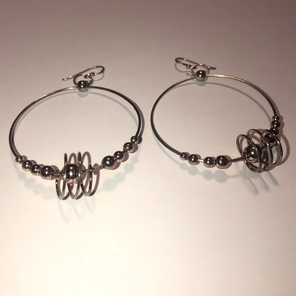 VTG Sterling Large Beaded Spiral Centre Hoop Dangle Earrings 2” / 2.75” Total - Picture 2 of 7